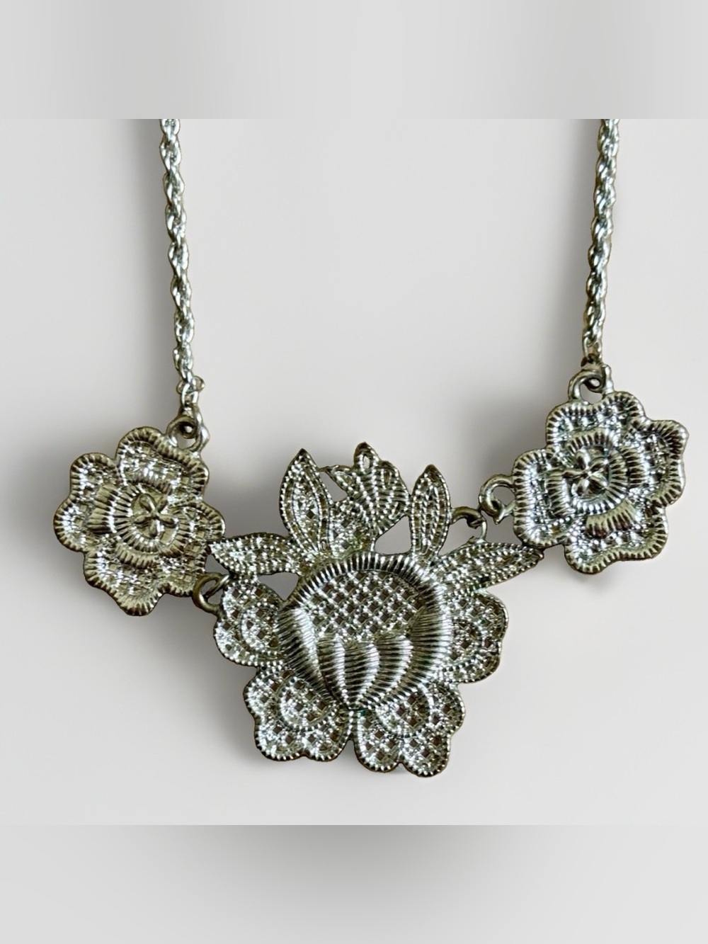 Silver Floral Filigree Statement Necklace Vintage Inspired Lace Boho Romantic